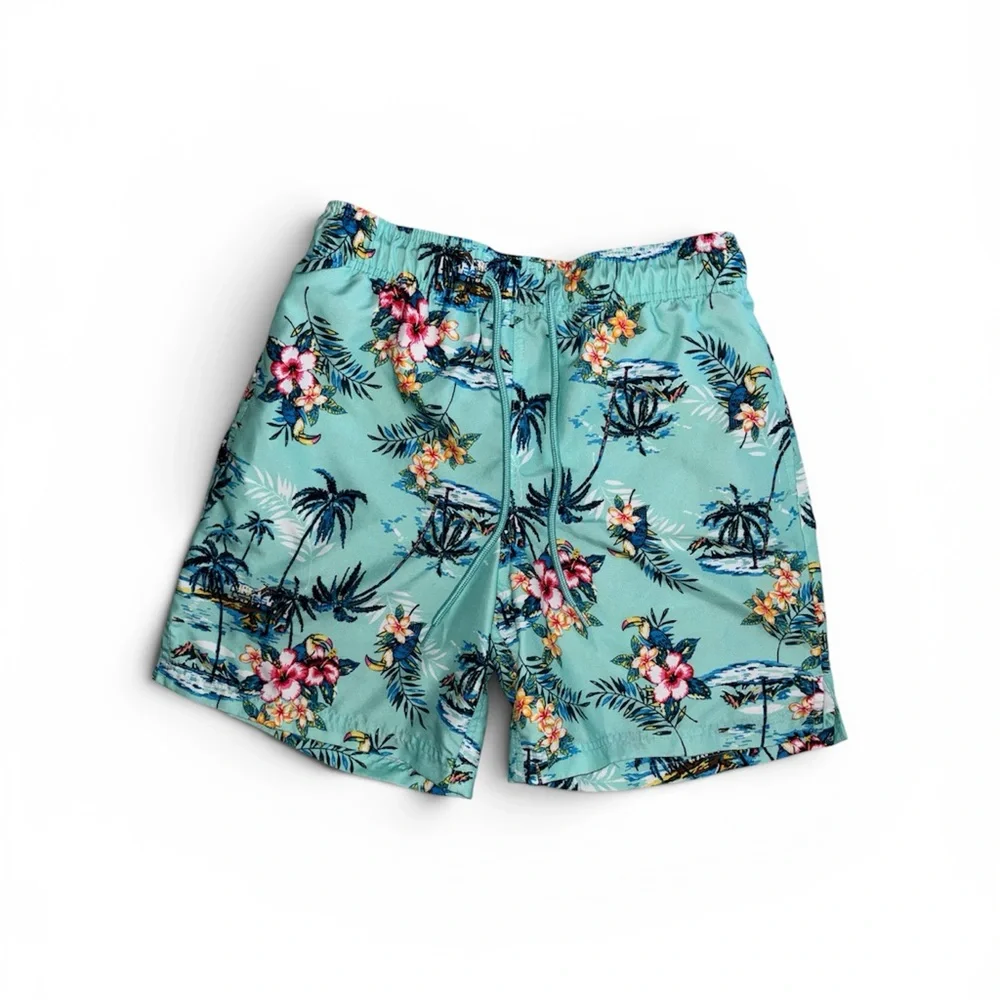Men's Aqua Tropical Print Swim Trunks